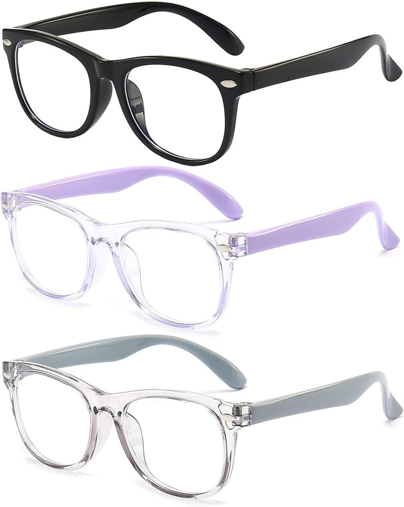 FANNYGO Store 3 Pack kids Blue Light Blocking Glasses For Girls And Boys Computer Blue Light Blocking Glasses For Age 3-9 (Black + Light purple + Light gray) - Image 1